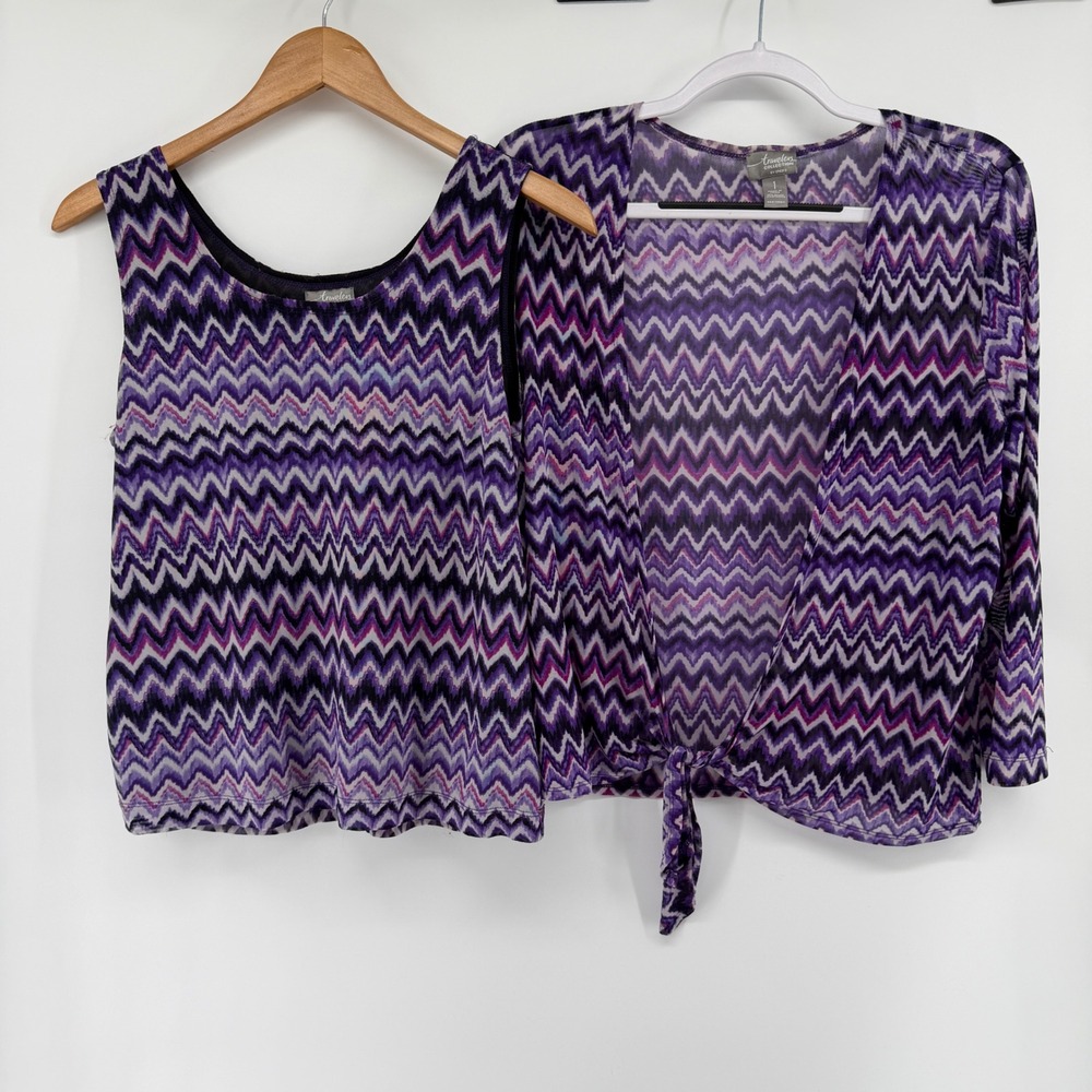 Chicos Travelers Purple Chevron Tank and Tie Front Cardigan Set Size 1 Medium